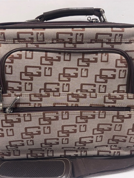 Guess Handbags - GUESS monogram laptop messenger bag brown jacquard briefcase travel shoulder 15”